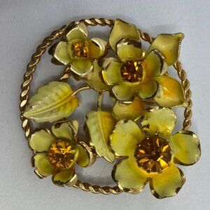 Vtg yellow enamel rhinestone flowers brooch